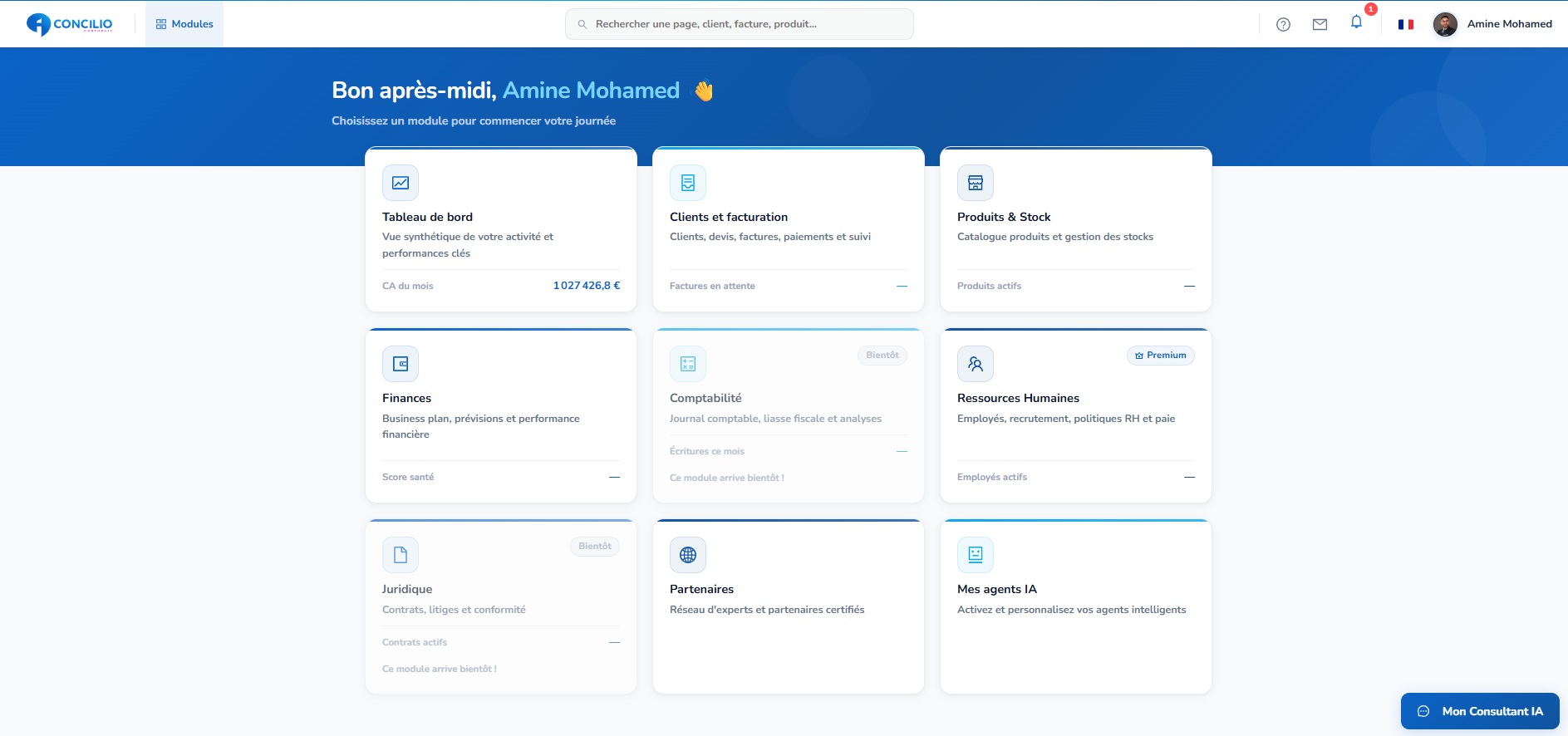 iCoDaT sur ordinateur — accueil des modules : tableau de bord, facturation, finances, RH